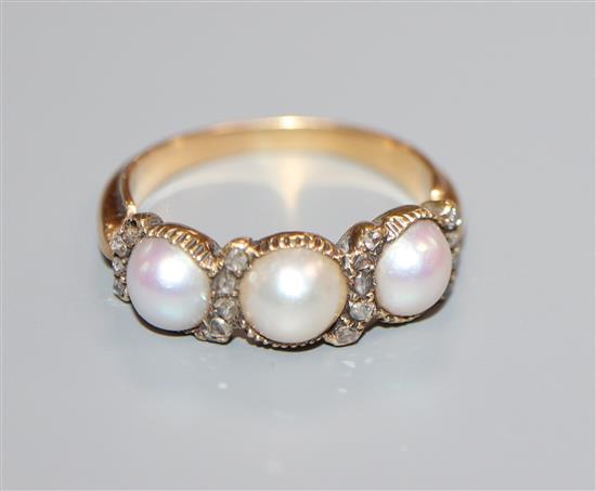 A 19th century yellow metal, split pearl and rose cut diamond chip half hoop ring (one stone missing, size O.